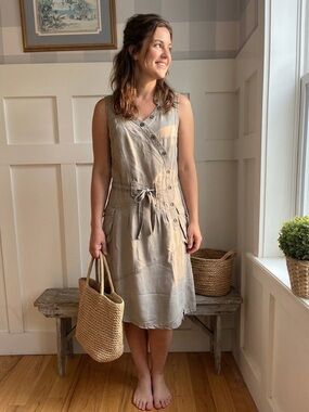 Taupe Utility Button-Front Tie-Waist Dress Medium Pockets Buttons